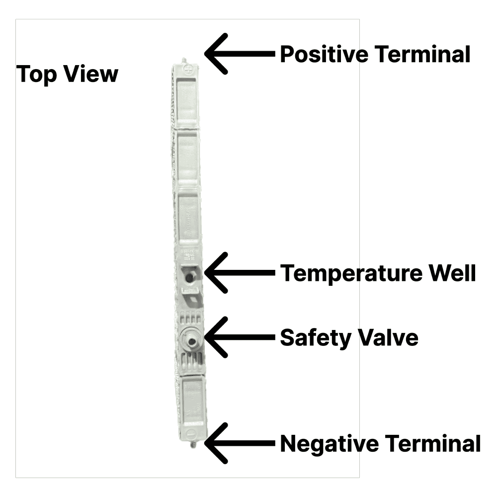 Toyota prismatic battery terminals, safety valve and temperature well features