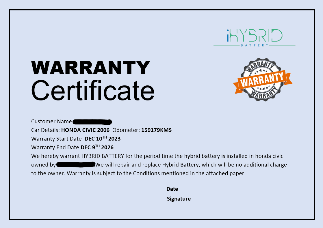 Warranty certificate | iHybrid | Lower Mainland